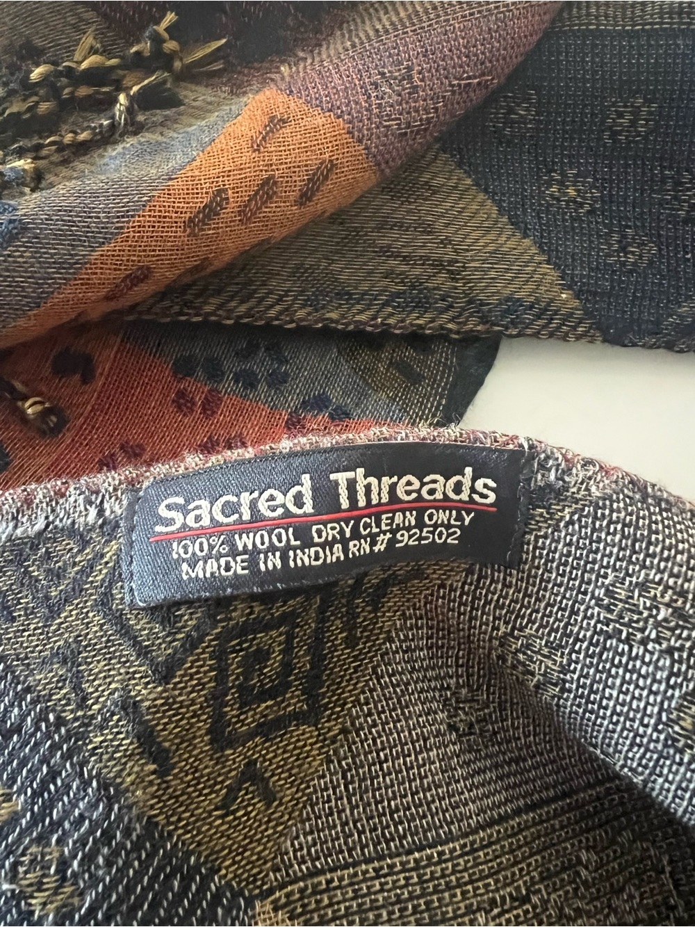 100% Wool Scarf Sacred Threads Bohemian Geometric Patchwork Fringe - Picture 5 of 8